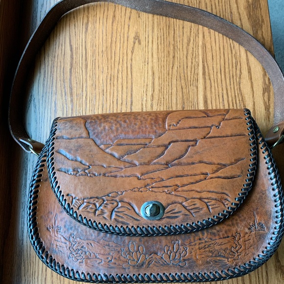 Handbags - Hand Tooled Southwestern Leather Bag Horse Cactus